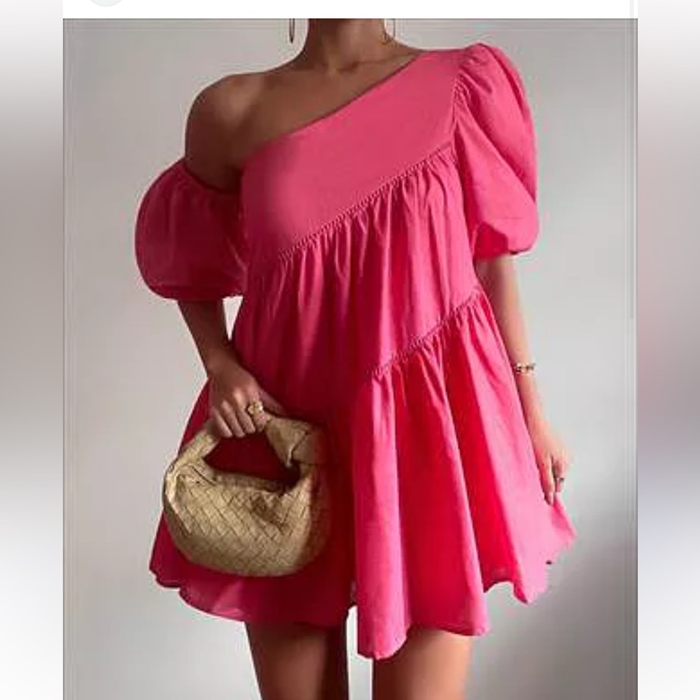 Showpo.‎ HARLEEN MINI DRESSLinen Asymmetrical Trim Puff Sleeve Dress Pink 8 NWT